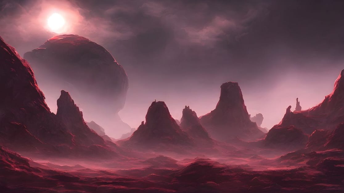 Worldbuilding tips - image shows a red-tinted desert planetary landscape