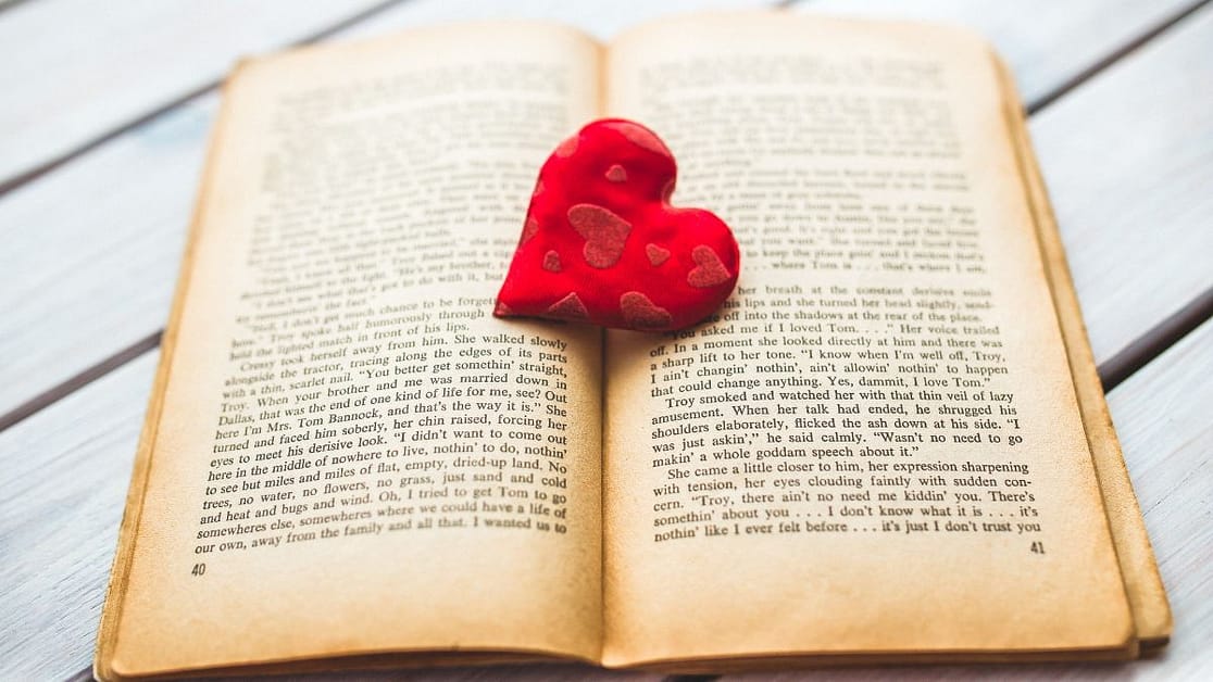 How to write a novel in a month - image shows an open novel with a decorative heart on top