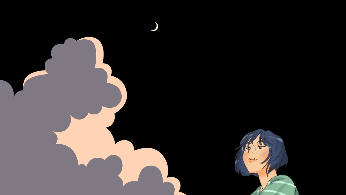 Developing engaging characters image shows an illustrated woman looking up at a cloudy night sky with a crescent moon above it.