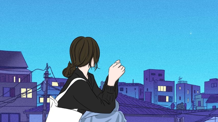 Engaging characters image shows a dark-haired girl with a tote back looking across some rooftops.
