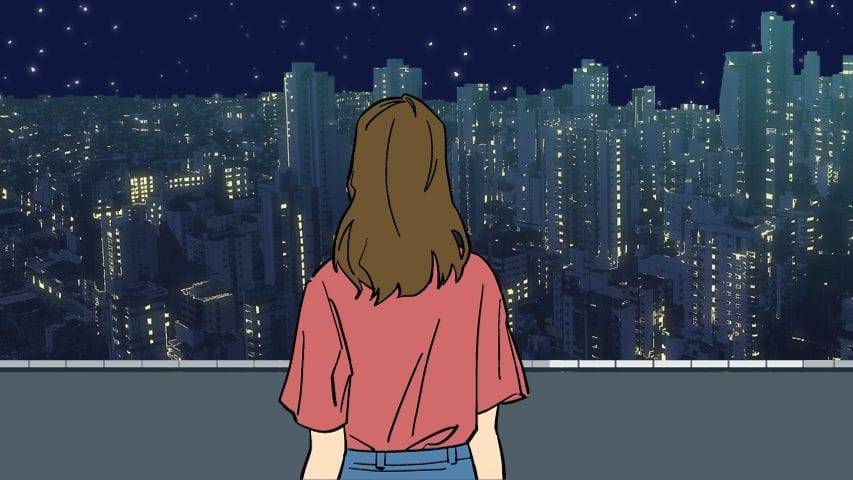 Engaging characters image shows a girl with her back turned looking out onto a city at night.