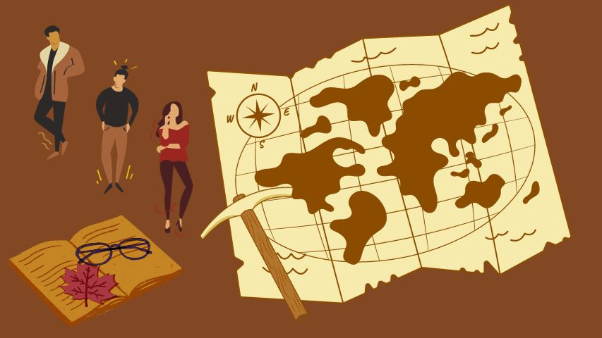 Preptober worldbuilding image shows an illustration of a map, some characters and a book with reading glasses on top of it.