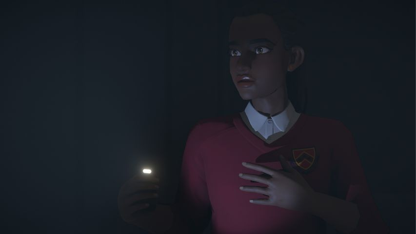 A screenshot from Last Stop showing a young girl in a dark place looking alarmed